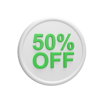 Discount 50 percent badge 3d icon model cartoon style concept. render illustration png
