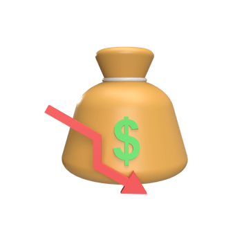 Money sack with down arrows 3d icon model cartoon style concept. render illustration png