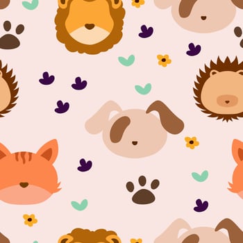 seamless pattern with cute animals and flowers. Animal heads cartoon background for baby textile, wrapping paper, background, wallpaper in vector. vector