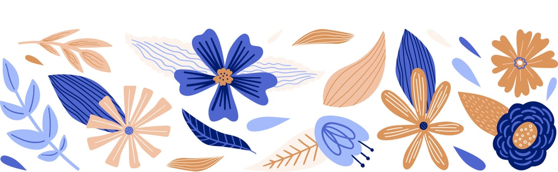 Cartoon floral border with flowers, leaves, plants vector