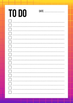 Abstract To Do List template with check and place for date and notes. Blank planner with notes on neon gradient background. Gradient organizer design. Checklist A4 template. Vector illustration