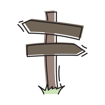 Vector wooden signs in doodle style. Direction pointer symbol. Hand drawn sketch of signs. Illustration of road or touristic board arrow. Colour outlines isolated on a white background