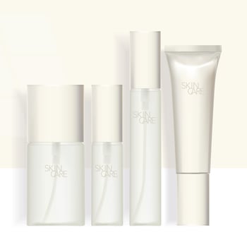 Vector White and Beige mini beauty travel set white Clear Bottle and Hand Cream Tube.