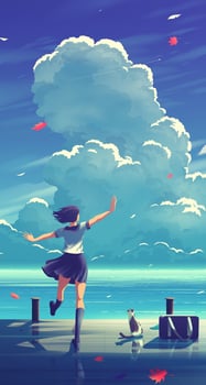 a japanese high school girl is performing a dance for a stray cat at the habour with the background of a beautiful blue sky with big clouds vector