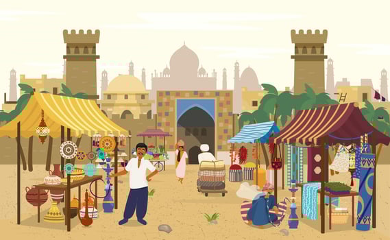 Vector illustration of Indian market with people and different shops with ancient cityscape at the background.Ceramics, fabrics, carteps,spices, sweets, vegetables. Asian characters. Asian bazaar.