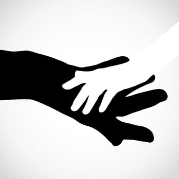 Black color big hand and white small hand vector concept. Help symbol hands vector support emblem. Vector hands icon illustration. Education, health care, medical, design element.