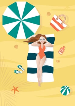 girl in sunglasses takes sunbaths on the beach under an umbrella next to the ball, bag, sunscreen, shells, starfish. vector