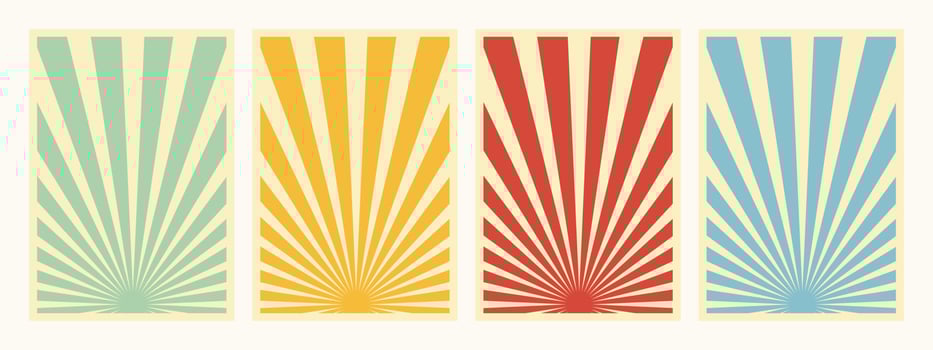 Set of 4, Retro Inspired Vertical Posters, Different Sunburst Promo Propaganda Background Templates. Green, Yellow, Red And Blue Paper Collage Backdrops. vector