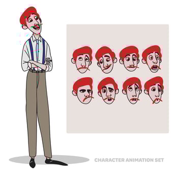 Character animation set, guy in tie, full length, people creation with emotions, face animation, doodle vector