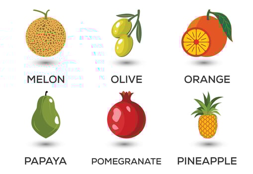 Set of fruits. Different colorful fruits. Fresh food, healthy eating concept. Vector illustration