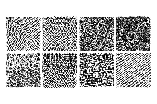 Hand drawn vector textures with different shapes. Abstract vector backgrounds with dots, lines, stripes, and strokes in black and white