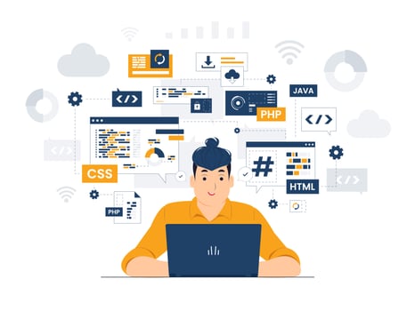 Programmer, Developer, engineer with laptop sitting at the office desk holding a pen while coding and developing concept illustration vector