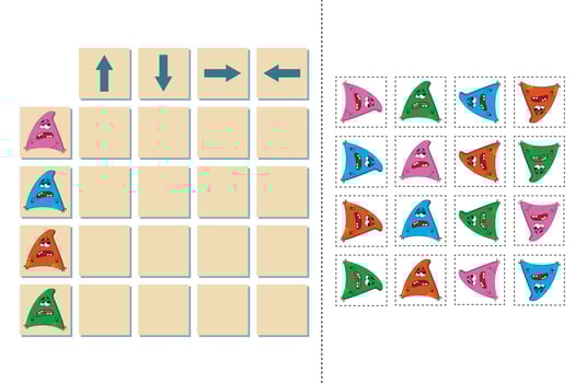 Match cartoon monsters and directions up, down, left and right. Educational game for children. vector