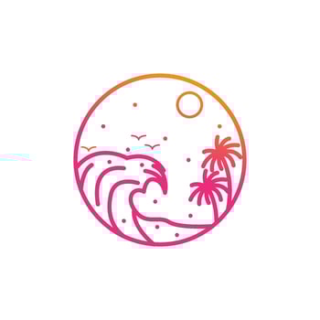 summer vacation logo on the beach with waves and coconut trees isolated in circle and line style vector illustration design