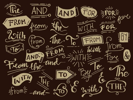 vintage doodle ampersands, catchwords, calligraphy, ribbon. Hand drawn design elements set. words, With,from, by, for, to, the, and vector