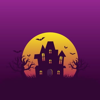 Halloween night background with haunted house on hill and bats flying around full moon with copy space vector