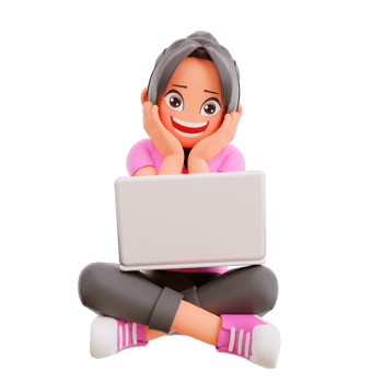 Happy cheerful cute girl child having fun spend summer holidays away from school, sits crossed legs using laptop, excited studying at home with e-learning program png