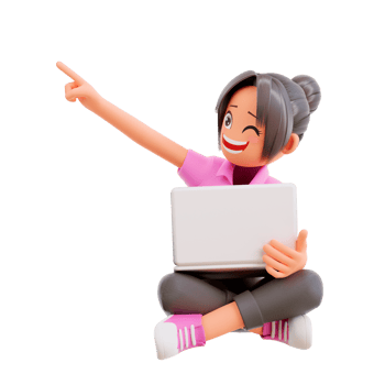 cute girl sit crossed legs hold laptop studying and pointing up png
