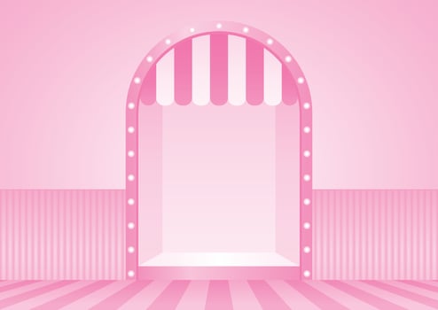 light bulb arch wall window display with awning on striped pattern floor 3d illustration vector for putting your object