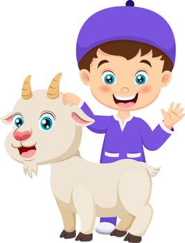 PrintCute cartoon muslim boy celebrating Eid al Adha with goat vector