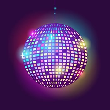 Disco ball glowing on a dark background. Night party in the club. Vector stock illustration.