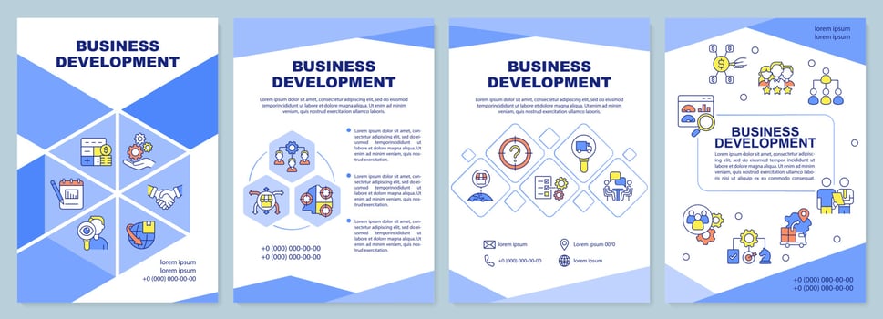 Business development blue brochure template. Corporate trends. Leaflet design with linear icons. 4 vector layouts for presentation, annual reports.