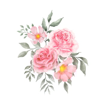 Pink and Red Rose Flowers Watercolor vector isolated on white background. Vintage Flowers and Leaves graphic for wedding, invitation card. Floral illustration