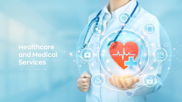 Healthcare, Medical services. Doctor holding in hand red heart shape and medical icon network connection on virtual screen. Health care, Medicine technology network concept. Vector illustration.