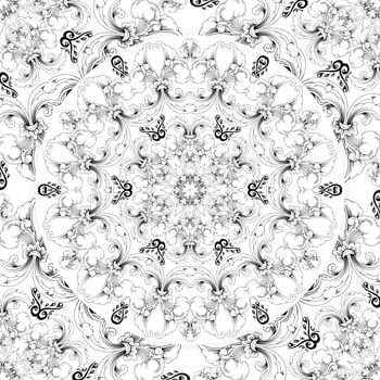 Round mandala with floral pattern. Black and white coloring page . Vector design.