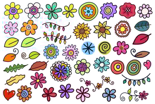 Floral Doodle Daisy Elements and Leaves vector