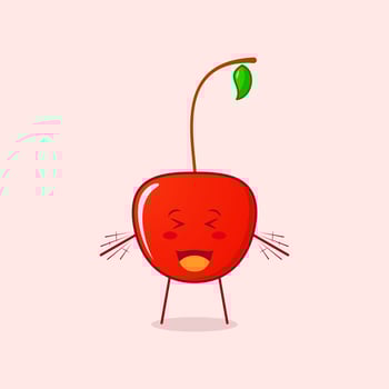 cute cherry cartoon character with happy expression. close eyes, mouth open and hands shaking. suitable for logos, icons, symbols or mascots. red and green vector