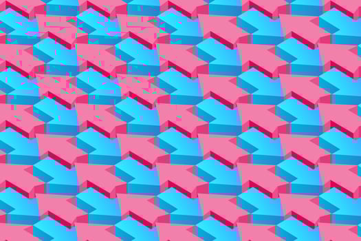 Red and blue arrows background. Up and down arrows traffic abstract isometric background. 3D rendering seamless pattern, vector illustration.