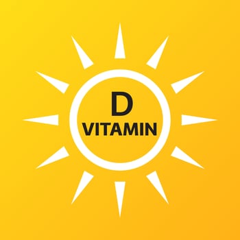 Vitamin D icon with simple sun on yellow background. Vector illustration of nutrition sign