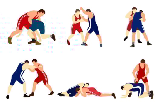 Vector collection of athletes wrestlers in wrestling, duel, fight. Greco Roman, freestyle, classical wrestling.
