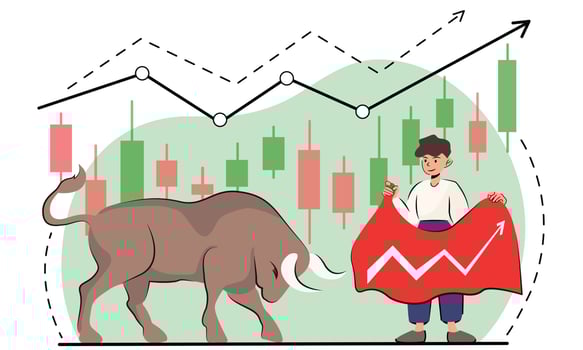 Drawing attention to a bull market is always relevant, during the growth. the bull preparing to break through the channel in the crypto-volume, mark the growth of the entir market. vector stock flat