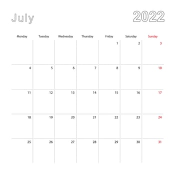 Simple wall calendar for July 2022 with dotted lines. The calendar is in English, week start from Monday. vector