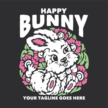 t shirt design happy bunny with rabbit and gray background vintage illustration vector