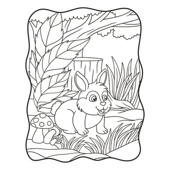 cartoon illustration a rabbit walking in the woods looking for food book or page for kids black and white vector