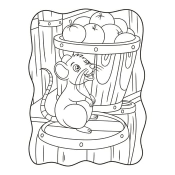 cartoon illustration a mouse standing on a pile of barrels filled with fruit in the warehouse book or page for kids black and white vector