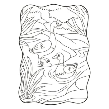 cartoon illustration the duck is walking by the river and swimming in the river book or page for kids black and white vector