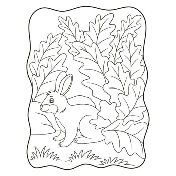 cartoon illustration rabbits who are looking for food and shelter under the leaves of a large tree because of the hot sun book or page for kids black and white vector