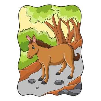 cartoon illustration a horse that is walking looking for food in the middle of the forest vector