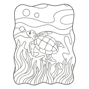 cartoon illustration turtles are swimming in the sea with some coral reefs and marine plants book or page for kids black and white vector