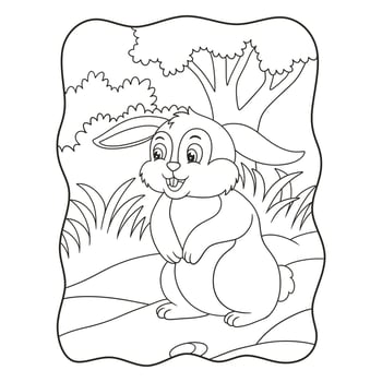 cartoon illustration The rabbit standing in the middle of the forest looks around for food book or page for kids black and white vector