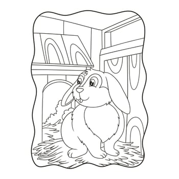 cartoon illustration the rabbit on the hay in the cage book or page for kids black and white vector