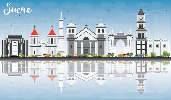 Sucre Skyline with Gray Buildings, Blue Sky and Reflections. vector