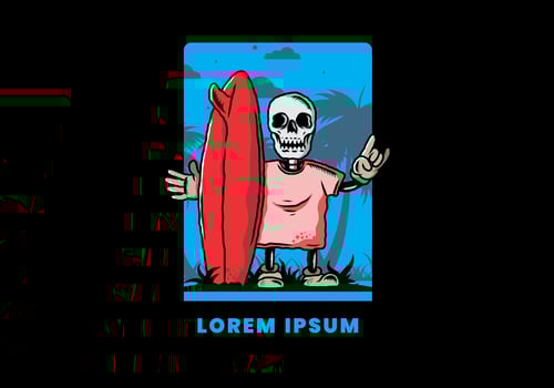 Little skull holding a surfing board illustration design vector