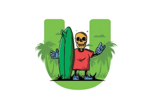 Little skull holding a surfing board illustration design vector