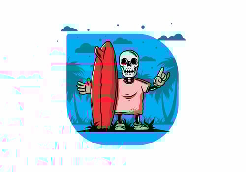 Little skull holding a surfing board illustration design vector