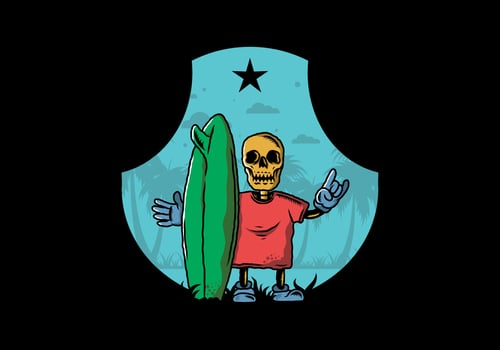 Little skull holding a surfing board illustration design vector
